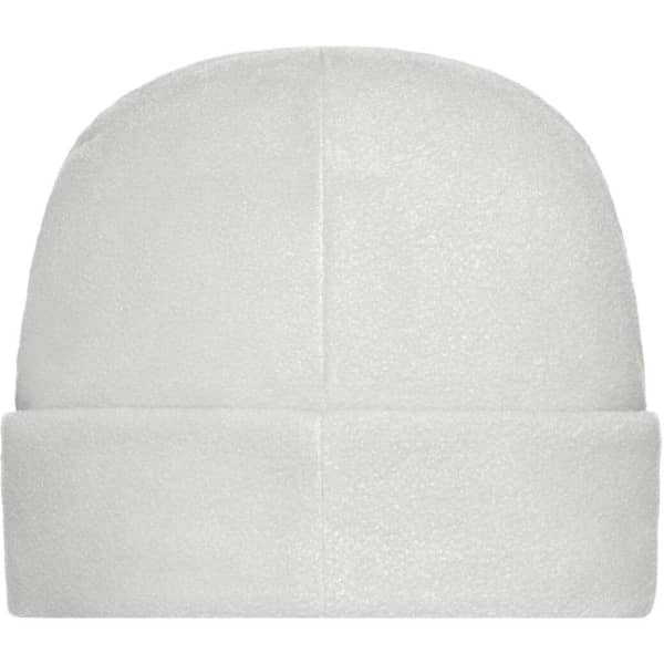 A white microfleece cap with a simple design and a small logo.
