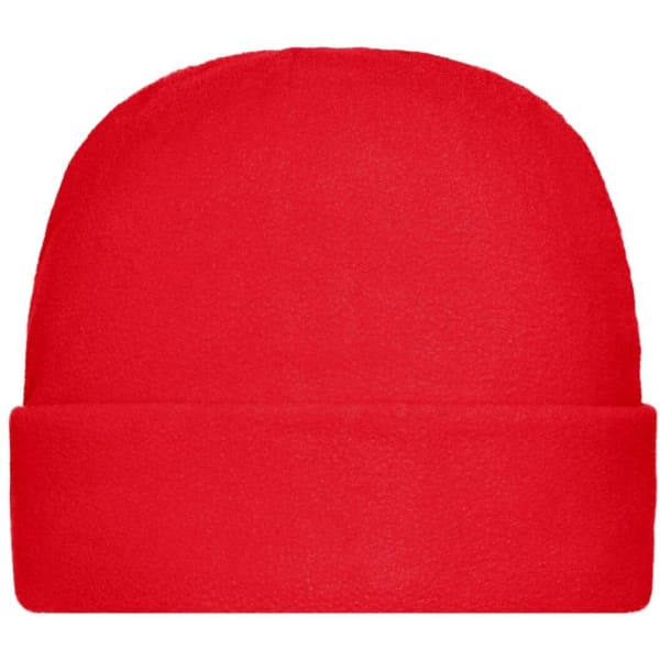 A red microfleece cap with a seamless design and a folded brim, featuring a logo on the side.