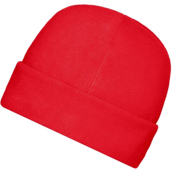 A red microfleece cap with a folded cuff and a smooth texture. It features a logo.