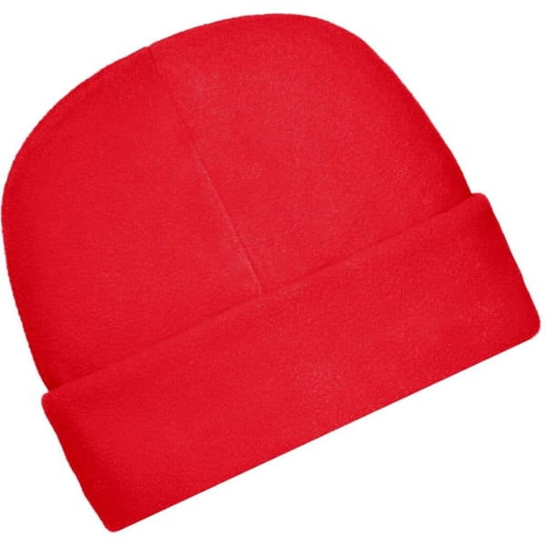 A red microfleece cap with a folded brim, featuring a branding logo.