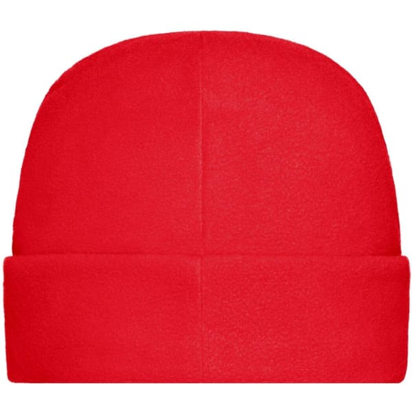 A red microfleece cap with a smooth texture and a folded cuff design. It features a logo on one side.