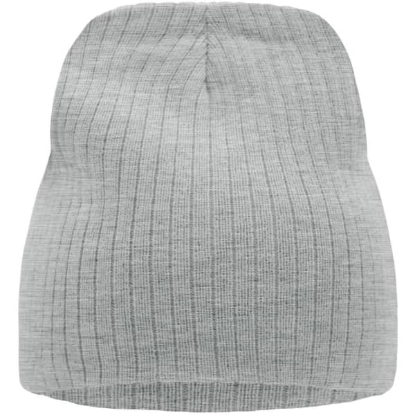 A grey ribbed beanie featuring a knitted texture and a rounded top, displaying a simple style.