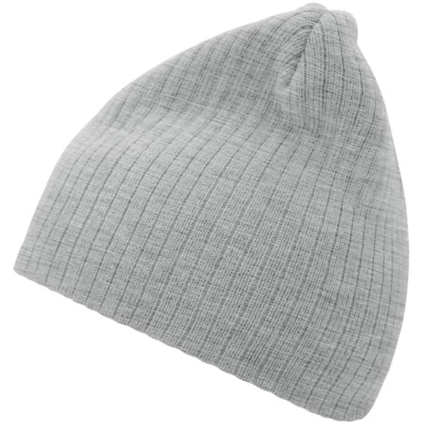 A grey ribbed beanie with a soft texture and a simple design, featuring a logo.