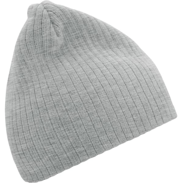 A grey ribbed beanie with a soft texture, featuring a logo on the side.