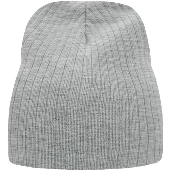 A ribbed beanie in grey with a subtle texture, featuring a logo on the side.