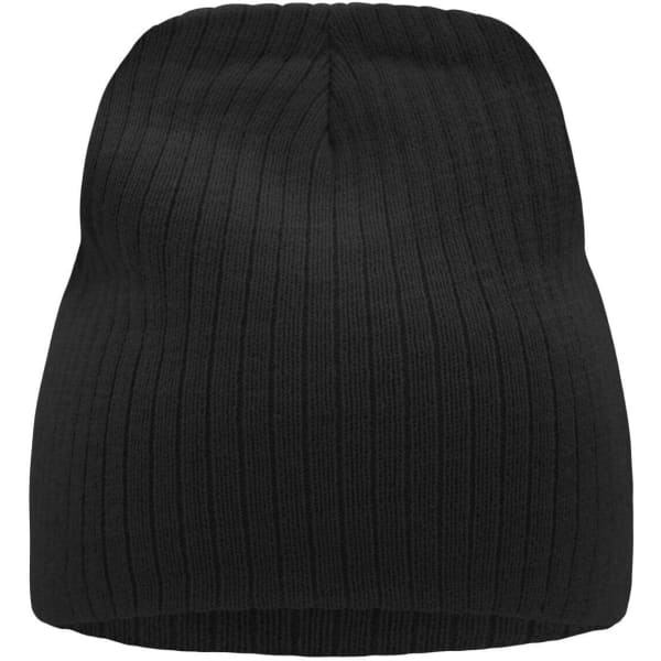 A black ribbed beanie with a smooth, rounded top and a fitted design.