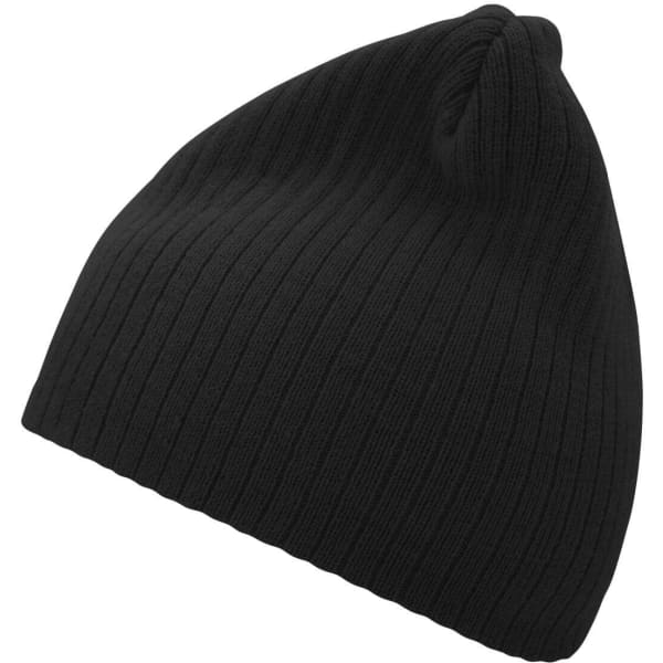 A black ribbed beanie, featuring a snug fit and a simple design. It has a logo on it.