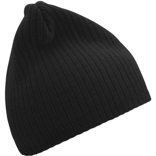 A black ribbed beanie featuring a soft, stretchy fabric and a rounded top. It has a logo on the side.