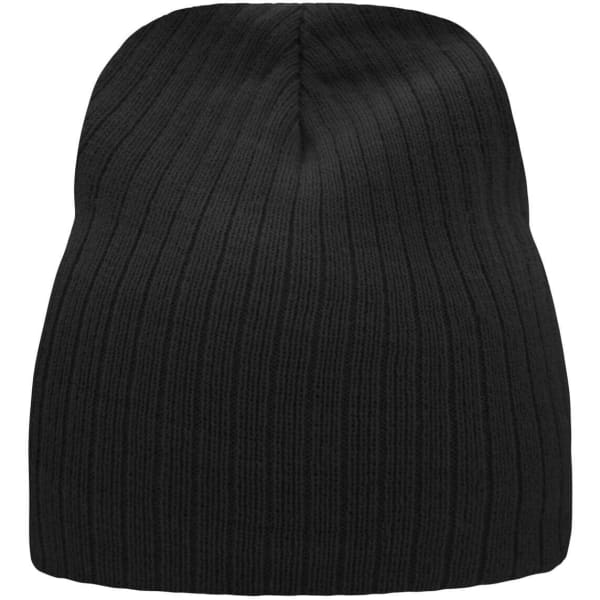 A rib beanie in black with a textured ribbed design. Features a logo on the side.