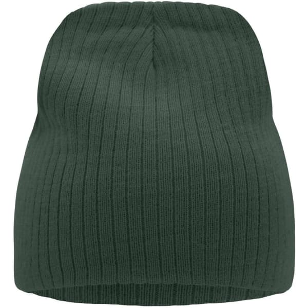 A ribbed beanie in dark green, featuring a soft texture and a snug fit. It has a simple design with no logos visible.