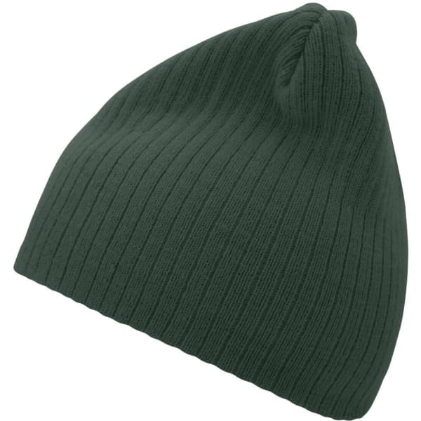 A ribbed beanie in dark green, featuring a fitted design and a soft texture.