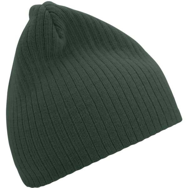 A ribbed beanie in a dark green colour, featuring a textured knit pattern. It has a simple design and no visible logos.