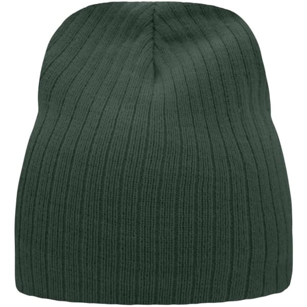 A ribbed beanie in a dark green colour, featuring a seamless design and a branded logo.