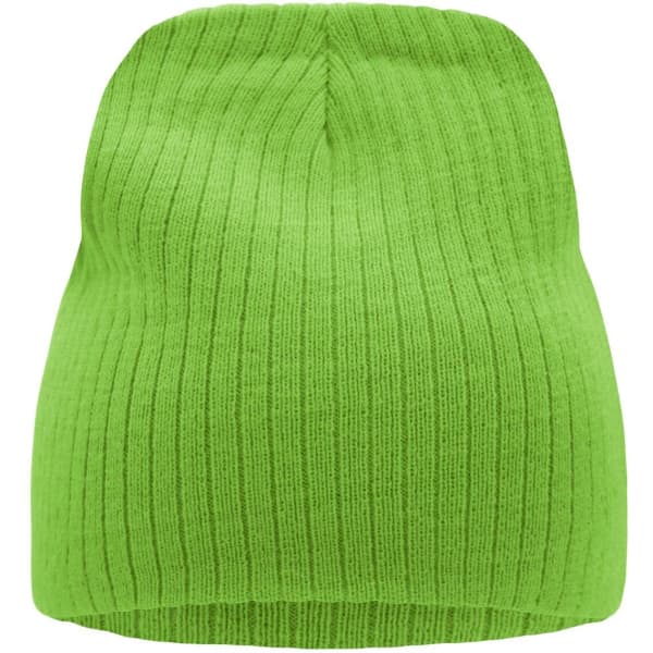 A ribbed beanie in vibrant green, featuring a knitted texture and a logo on the side.