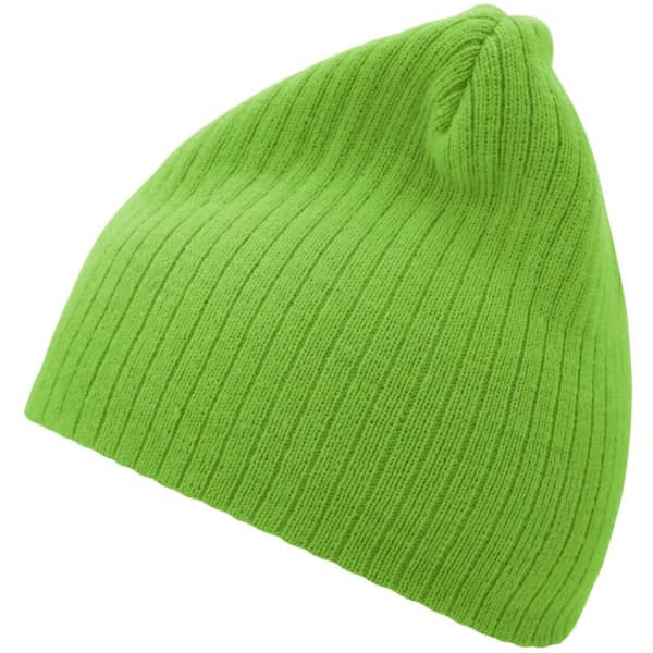 A rib beanie in vibrant green colour, featuring a textured ribbed design and a rounded top.
