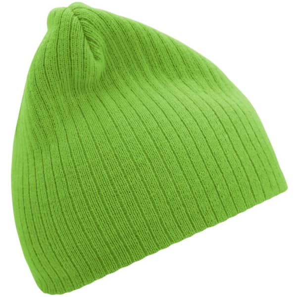 A bright green ribbed beanie with a soft texture, featuring a rounded top. It has a branding logo.
