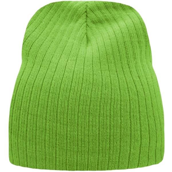 A bright green ribbed beanie with a snug fit and textured fabric. It features a logo.