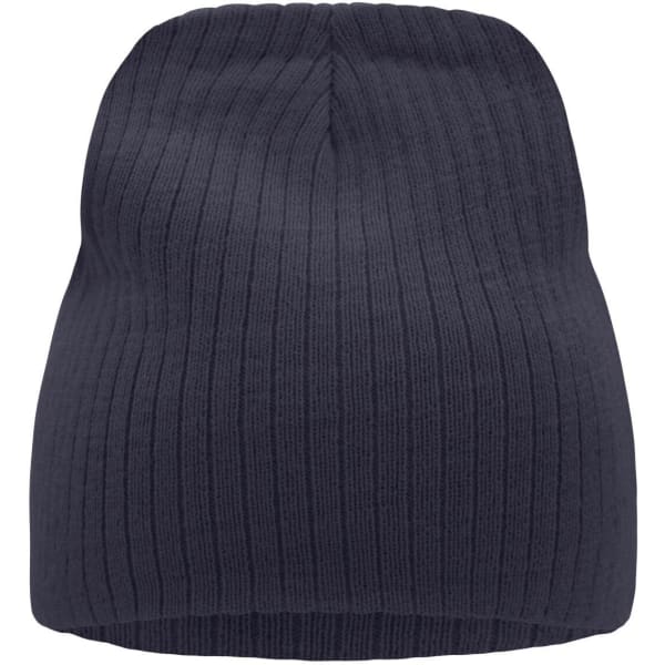 A ribbed beanie in a dark navy colour with a soft texture and a fitted design. It features a branding label.