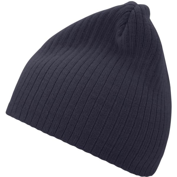A navy ribbed beanie with a rounded top and a logo.