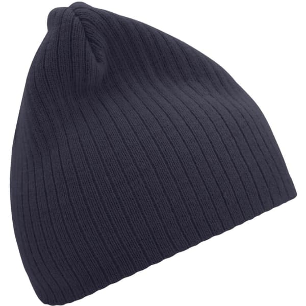A navy ribbed beanie with a soft knit texture and a simple design. It features a small logo on the side.