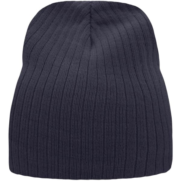 A navy ribbed beanie with a soft texture and a simple design. It features a logo on one side.