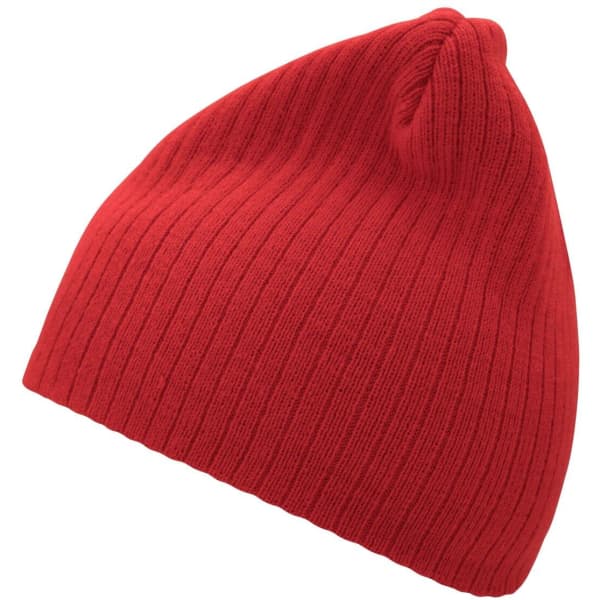 A red ribbed beanie is displayed, featuring a snug fit and a textured surface. It has a small branding logo.