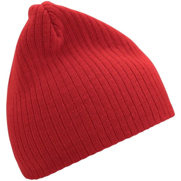 A red ribbed beanie with a knitted texture. It has a single top point and features a logo.