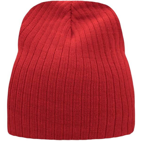 A red ribbed beanie with a fitted design and a logo on the side.