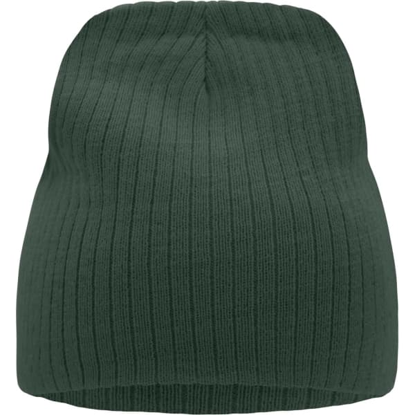 A ribbed beanie in dark green with a rounded top and a textured fabric. It features a logo.