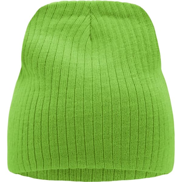 A ribbed beanie in bright green, featuring a textured knit pattern and a rounded top.