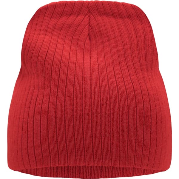 A red ribbed beanie with a fitted design, featuring a logo on the side.
