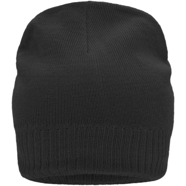 A black knitted beanie with a fleece inset, featuring a ribbed cuff and a smooth top.