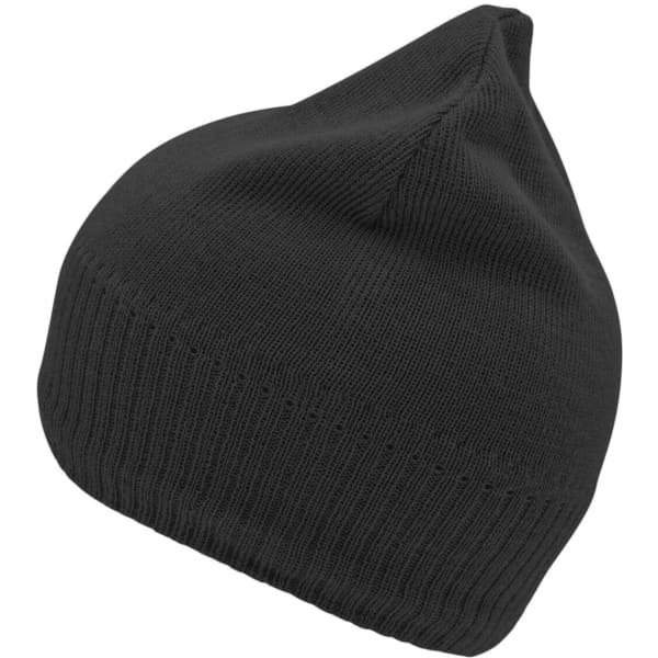 A black knitted beanie with a fleece inset, featuring a fitted design and a subtle logo.