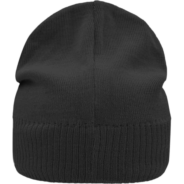 A black knitted beanie with a fleece inset, featuring a ribbed design and a logo on the side.