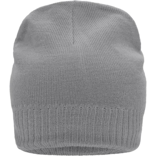 A grey knitted beanie with a fleece inset, featuring a ribbed edge and a branding logo.