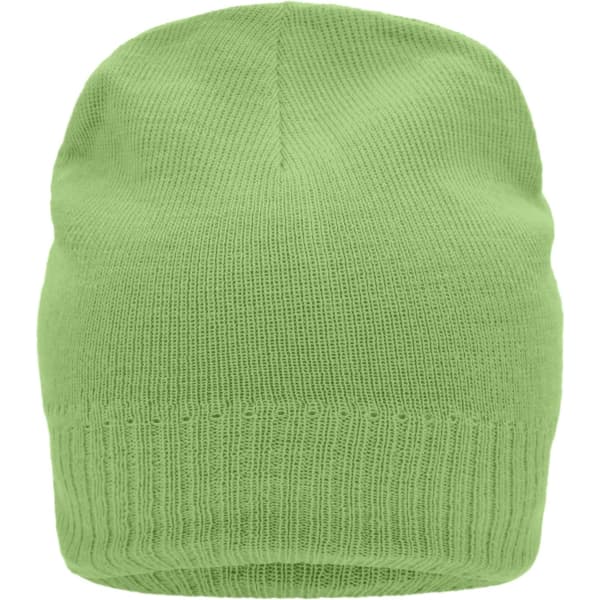 A knitted beanie in bright green with a fleece inset and a ribbed hem, featuring a logo on the side.