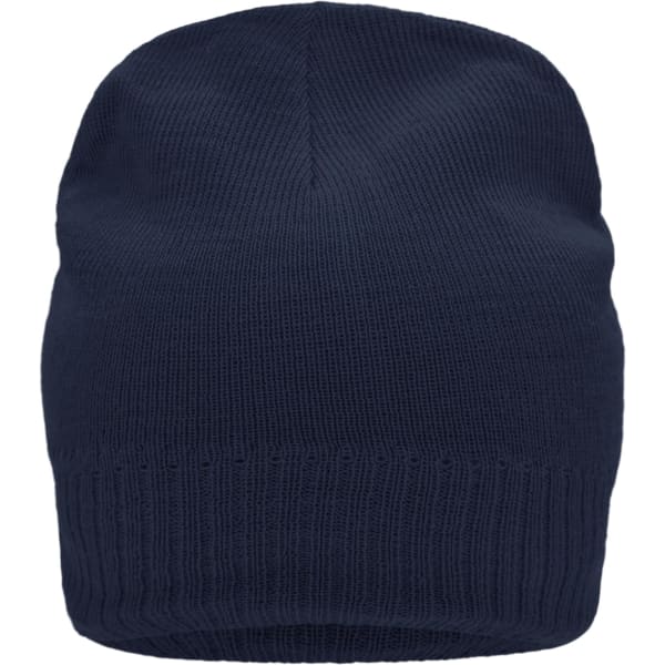 A knitted navy beanie with a fleece inset and a ribbed hem, featuring a logo.