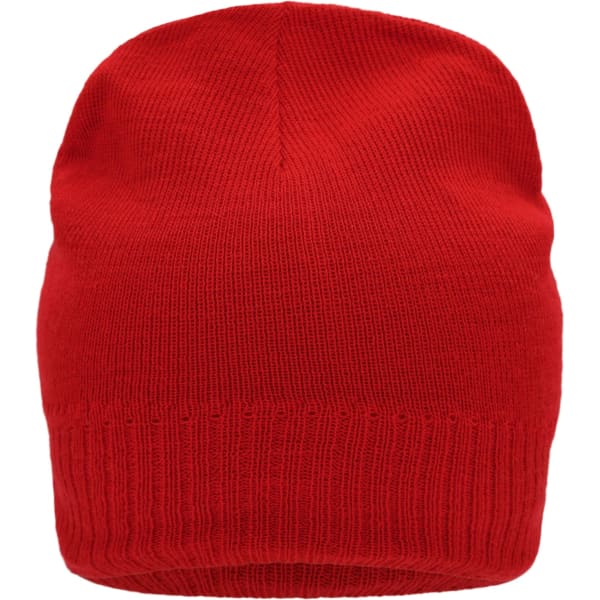 A red knitted beanie with a fleece inset and a ribbed cuff at the base, featuring a logo.