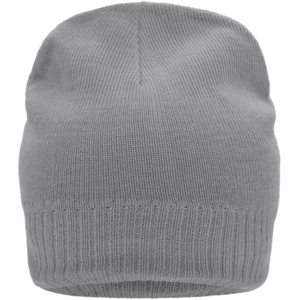 A grey knitted beanie with a fleece inset, featuring a ribbed cuff and a seamless design.