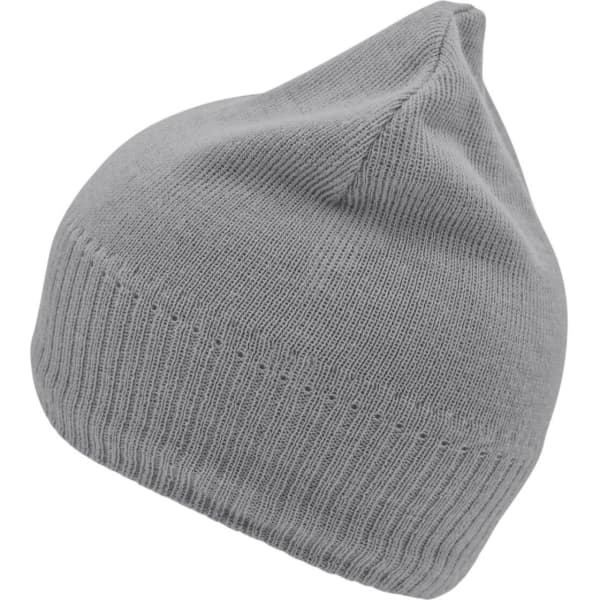 A grey knitted beanie with a fleece inset, featuring a snug fit and a tapered top.