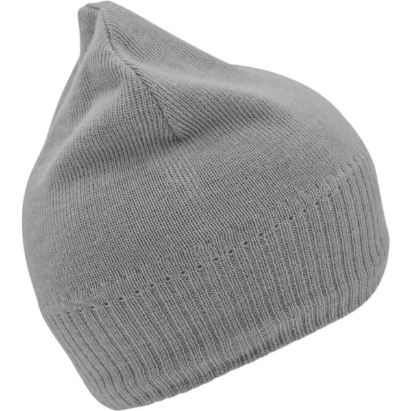 A grey knitted beanie with a fleece inset, featuring a logo.