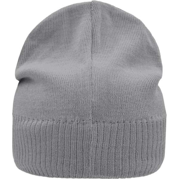 A grey knitted beanie with a fleece inset at the bottom, featuring a logo.