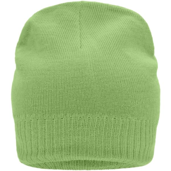 A green knitted beanie featuring a fleece inset at the interior and ribbed cuff. It has a logo on the side.