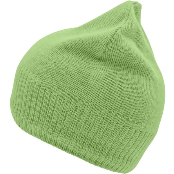 A green knitted beanie featuring a fleece inset for added warmth, showcasing a snug fit and rounded top.