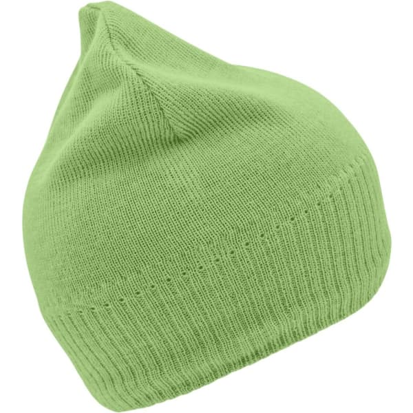 A green knitted beanie featuring a fleece inset and a logo. The beanie has a pointed top.