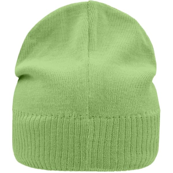 A green knitted beanie with a fleece inset, featuring a snug fit and ribbed texture.