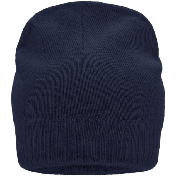 A knitted beanie in navy blue featuring a fleece inset on the inside. The beanie has a ribbed band at the bottom.