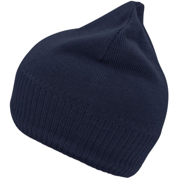 A navy knitted beanie with a fleece inset, featuring a snug fit and a tapered top. It has a logo on it.