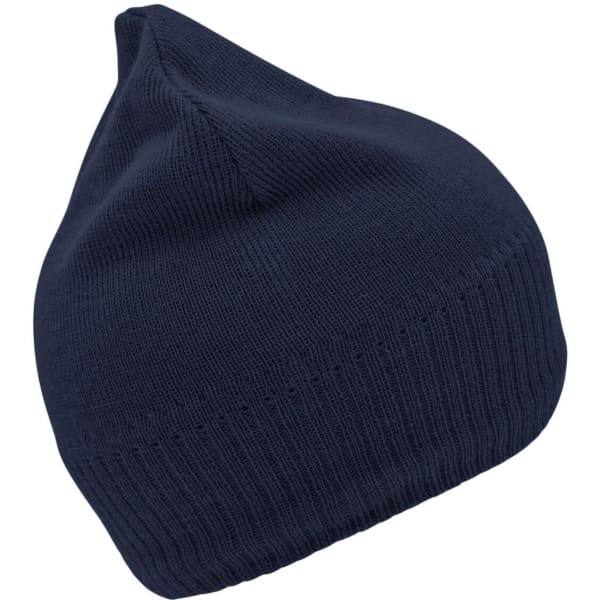 A navy knitted beanie with a fleece inset, featuring a textured design and a snug fit.