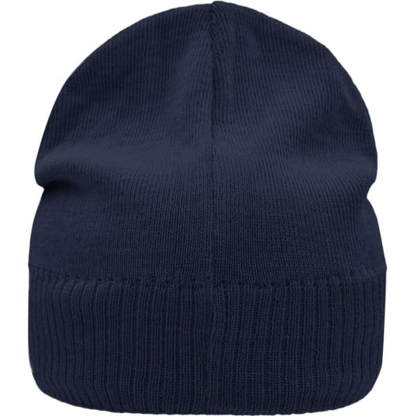 A navy knitted beanie featuring a fleece inset, displayed from the back. It has a ribbed texture and a logo.